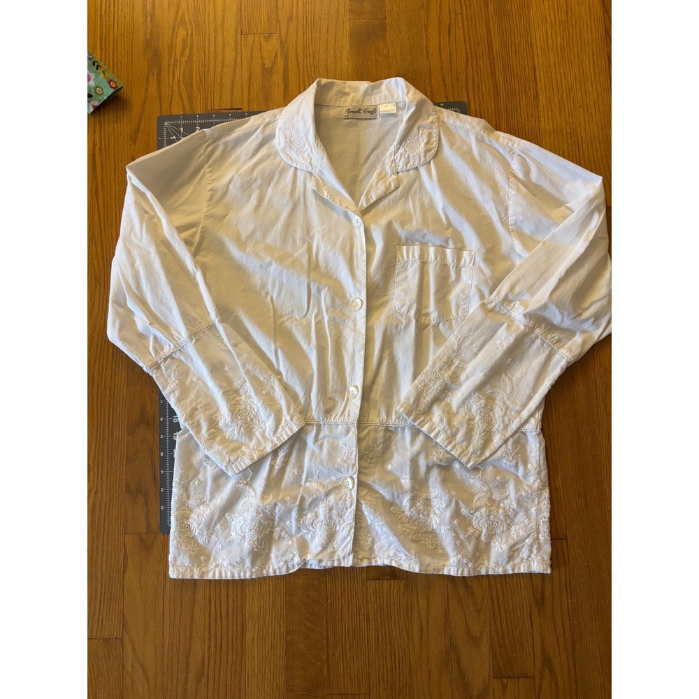 Powell Craft Womens White 100% Cotton Floral Embroidered Button Down Top Large